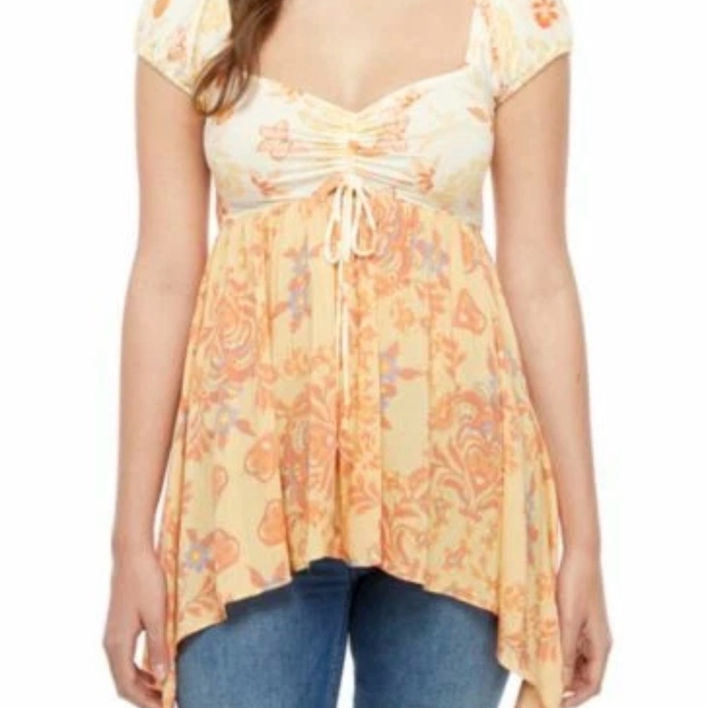 Free People Floral Babydoll Tunic – Yellow/Orange | XS | Pre-Owned Excellent